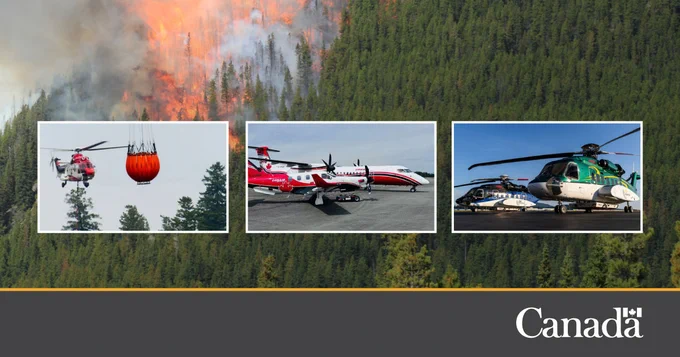 Image d’un feu de forêt en arrière-plan, sur laquelle sont superposées trois images d’aéronefs de lutte contre les feux de forêt. De gauche à droite : aéronef Airbus AS332 Super Puma L(2) & L1(1), aéronefs Conair Dash 8-400AT et Conair TBM 960AA et deux hélicoptères Sikorsky S-92A.