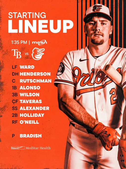 Rays at Orioles | O’s Starting Lineup | 1:35 p.m. | MASN

LF - Ward
DH - Henderson
C - Rutschman
1B - Alonso
3B - Wilson
CF - Taveras
SS - Alexander
2B - Holliday
RF - O’Neill
P - Bradish

The graphic features an image of Henderson looking at the camera. He is wearing a white Orioles uniform and a tri-color cap.