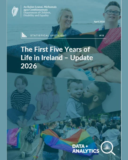 Image shown is the cover for the Statistical Spotlight #19: The First Five Years of Life in Ireland - Update 2026 report. Cover is blue with multiple images of different family groups. The top left corner shows the Department of Children, Disability and Equality logo. In the bottom right corner, the logo for Data and Analytics is shown. 