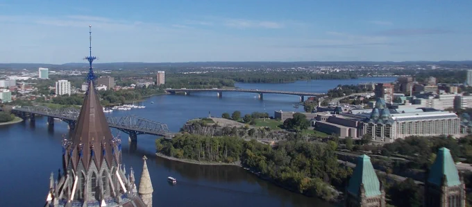 Skyline from Ottawa over Parliament and bridges to Gatineau. 