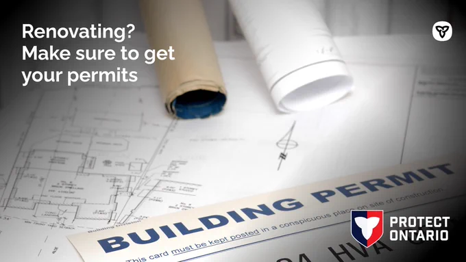 a working table displaying architectural designs and permits

Text: Renovating? Make sure to get your permits 
