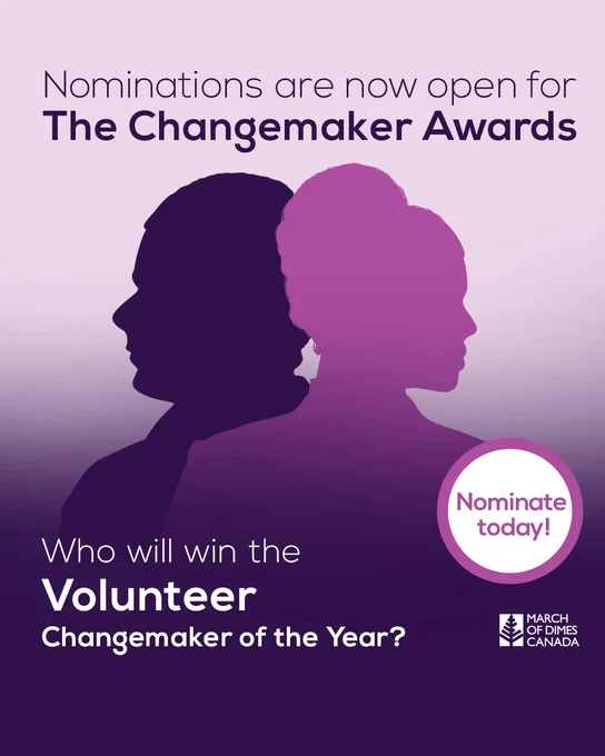 Two purple silhouettes of people facing opposite directions. Text: Nominations are now open for The Changemaker Awards. Who will win the Volunteer Changemaker of the Year? Circle sticker with text: Nominate today! 