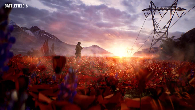 A lone soldier stands in the distance on the Golmud Railway map in Battlefield 6, partially obscured by a field of red poppies in the foreground. 