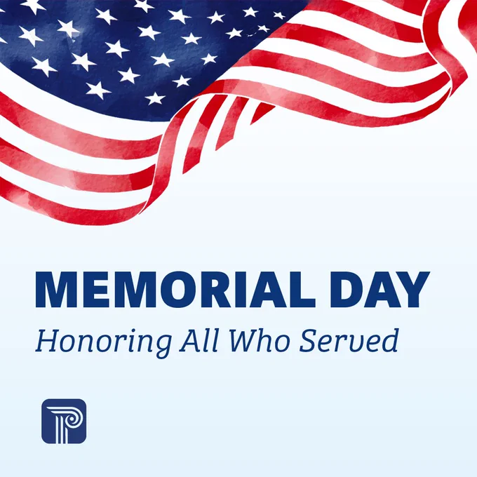 Blue text on white background says Memorial Day Honoring All Who Served. Illustration of American flag. PCG logo is present. 
