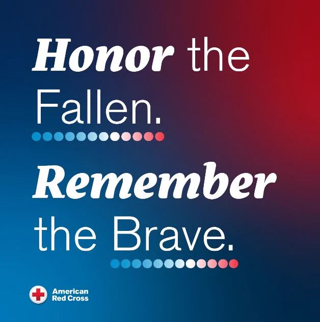A red and blue background with the words "Honor the Fallen. Remember the Brave." overlaid on it.
