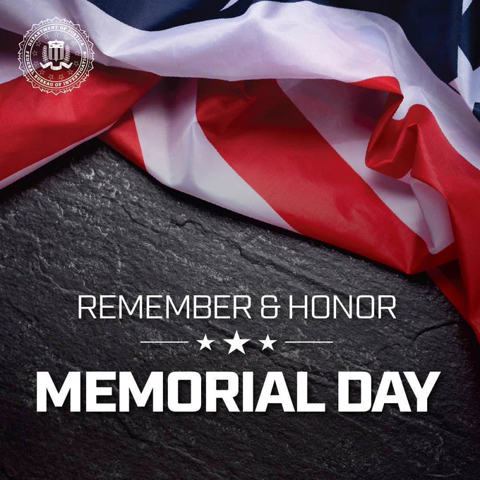 Remember & Honor // Memorial Day // partial image of U.S. flag at the top // FBI seal at the bottom