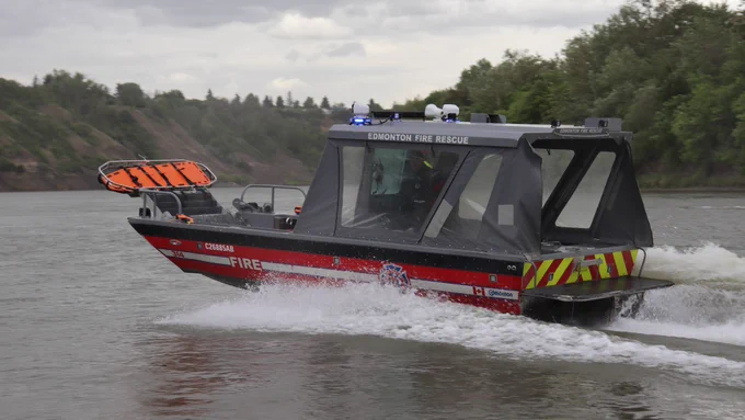 An Edmonton Fire Rescue Services jet boat is pictured on the North Saskatchewan River.