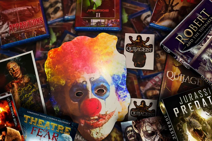 montage of various DVDs and Blu-rays of horror films and TV shows starring actor Nathan Head, as well as a cool clown mask of his character from Theatre of Fear and some horror/demon stickers, also a signed artcard depicting Nathan Head as a mummy.