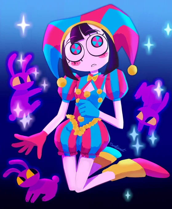 Fanart of Pomni with little Jax bunnies surrounding her 