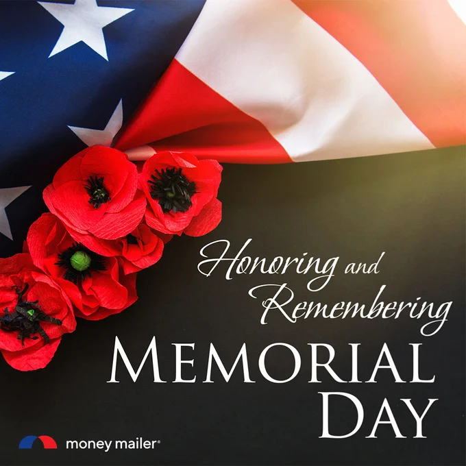 American flag draped with red poppies beside text honoring and remembering Memorial Day.