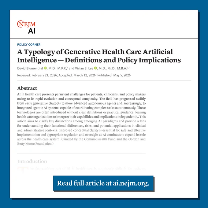This image is a screenshot of an NEJM AI article titled "A Typology of Generative Health Care Artificial Intelligence — Definitions and Policy Implications" by David Blumenthal , M.D., M.P.P., and Vivian S. Lee , M.D., Ph.D., M.B.A. A blue banner at the bottom invites readers to view the full article at ai.nejm.org.