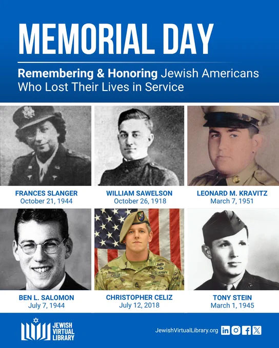 Six photos of U.S. military personnel from throughout history, along with their names and dates of death. Text reads "Memorial Day, Remembering & Honoring Jewish Americans Who Lost Their Lives in Service"
