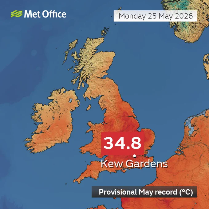 A map of the UK showing a temperature of 34.8 degrees Celsius, recorded in Kew Gardens, London on Monday 25 May 2026