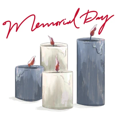 Memorial Day text with four candles in shades of blue and white.