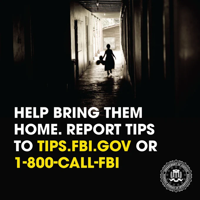 Silhouette of a child walking down a dimly lit corridor holding a toy, highlighting a call to report tips to the FBI for missing persons.