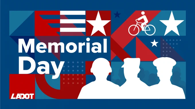 Memorial Day graphic with silhouettes of three military personnel against a red, white, and blue patriotic background.