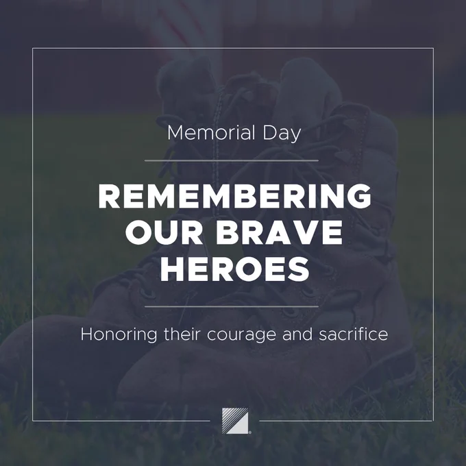 Text: Memorial Day. Remembering our brave heroes, honoring their courage and sacrifice. Graphics: PCI cube logo.