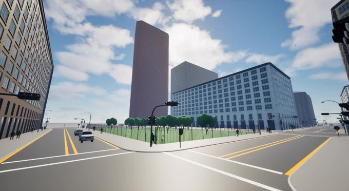 3D city simulation showing an urban intersection with cars, traffic lights, pedestrians, trees, and mid-rise buildings under a blue sky.