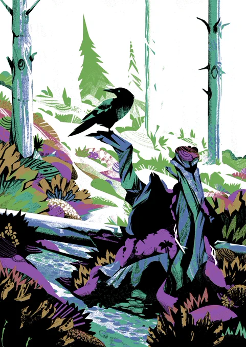 A crow perched on a stump in a pine forest