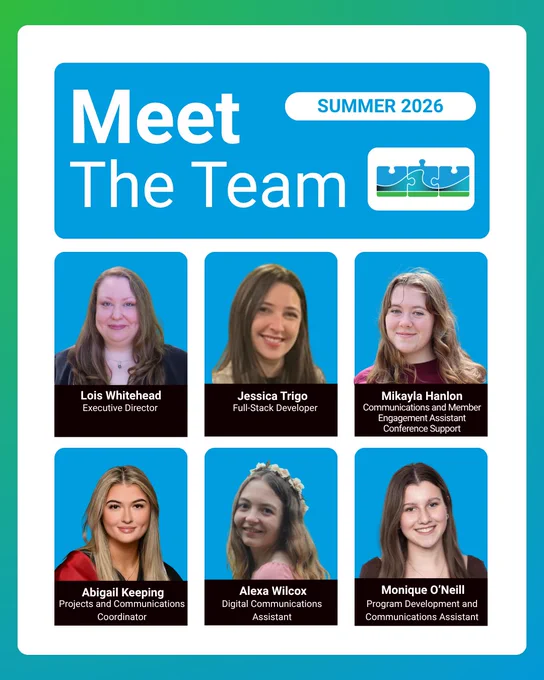A "Meet the Team - Summer 2026" staff directory graphic from Science Atlantic. The infographic features six rectangular headshots arranged in two rows of three against a white and bright blue background.

Top Row (Left to Right): >   * Lois Whitehead, Executive Director

Jessica Trigo, Full-Stack Developer

Mikayla Hanlon, Communications and Member Engagement Assistant / Conference Support

Bottom Row (Left to Right): >   * Abigail Keeping, Projects and Communications Coordinator

Alexa Wilcox, Digital Communications Assistant

Monique O'Neill, Program Development and Communications Assistant

The top right corner includes a small puzzle-piece and wave logo icon.