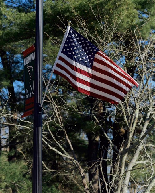 Photo of an American flag at the 2026 Boston Marathon Start in Hopkinton