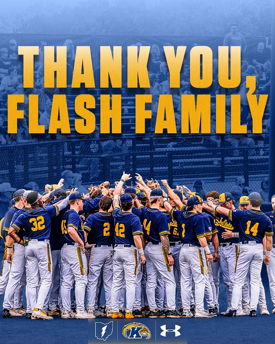 Kent State baseball end-of-season graphic reading "Thank You, Flash Family" in bold gold text. The background photo, tinted in a blue overlay, shows the team huddled together on the field with their arms around each other, facing away from the camera toward fans in the bleachers. Players in navy Kent State jerseys with visible numbers including 32, 2, 42, 44, and 14 are gathered in a tight group. MAC, Kent State, and Under Armour logos appear along the bottom.