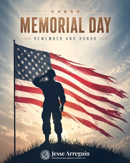 Text: Memorial Day - Remember and Honor
Photo: Soldier saluting the American flag.