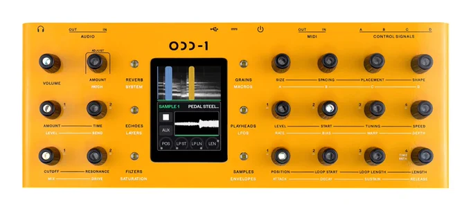 ODD-1 granular synth in blazing yellow, color display with spectrogram, knobs