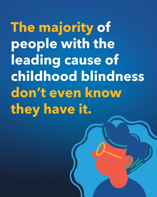 Text: The majority of people with the leading cause of childhood blindness don’t even know they have it. Icon of child with glasses.
