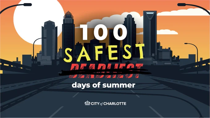 Skyline illustration featuring tall buildings under an orange sky. Text in the center reads "100 Safest Days of Summer," with "Deadliest" crossed out. The City of Charlotte logo is at the bottom.