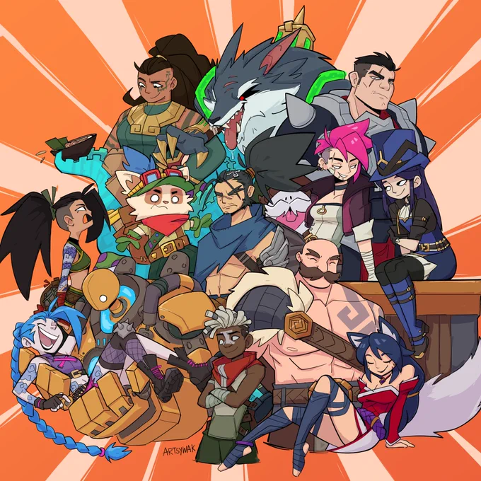An illustration of the 2XKO champion roster. Illaoi looks down at an angry Akali with amusement. One of her tentacles holds Akali's ramen bowl above her head. Warwick looks hungry, holding one claw over Teemo. Warwick's drool drips onto Yasuo, who stands in the middle of the group with an irritated expression. Darius looks down on the others with mild distaste. Caitlyn and Vi lean towards each other as Vi speaks, both seated on the edge of Braum's shield. A poro peeks out from behind his shoulder. Blitzcrank holds Jinx in their arms, who is laughing hysterically. Next to them, Ekko watches them with a slight smile. Braum stands proudly at the front of the group. Ahri leans back against his shield, relaxing.