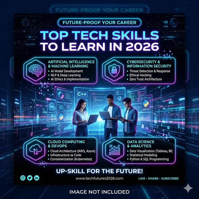 🚀 Top Tech Skills to Learn in 2026

The future belongs to those who keep learning. 💡
If you want to stay ahead in the tech industry, start focusing on these high-demand skills today:

✅ Artificial Intelligence & Machine Learning
✅ Web App Development
✅ Cyber Security
✅ Cloud Computing
✅ Data Analytics
✅ UI/UX Design
✅ Digital Marketing
✅ AI Automation & AI Agents
✅ Mobile App Development
✅ Video Editing & Content Creation

💻 Learn skills that create opportunities, freelancing income, and career growth.
The best investment in 2026 is investing in yourself. 🔥

#TechSkills #AI #WebDevelopment #CyberSecurity #MachineLearning #CloudComputing #DigitalMarketing #Programming #TechCareers #FutureSkills #LearnTech #Freelancing #2026Trends