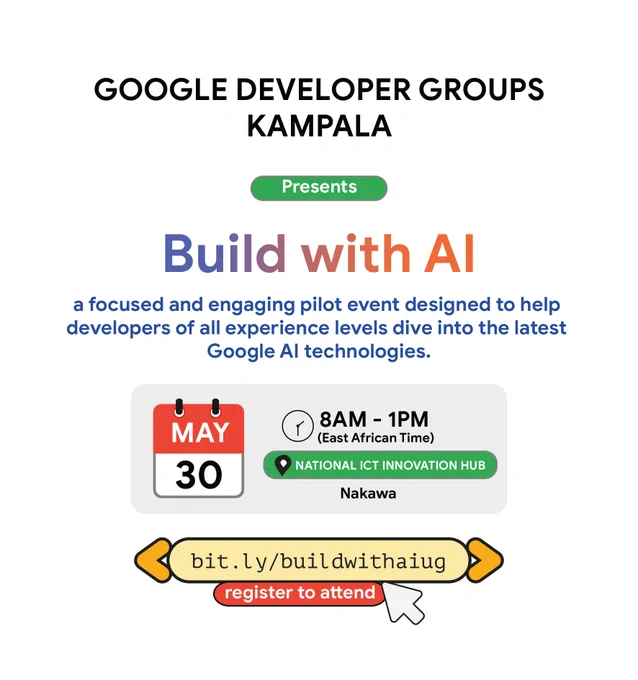 We are excited to invite developers, tech enthusiasts, students, innovators, and digital creators to our Build with AI Kampala 2026 community event, a hands-on experience designed to help participants prototype, build, and deploy AI-powered applications using the latest Google technologies.