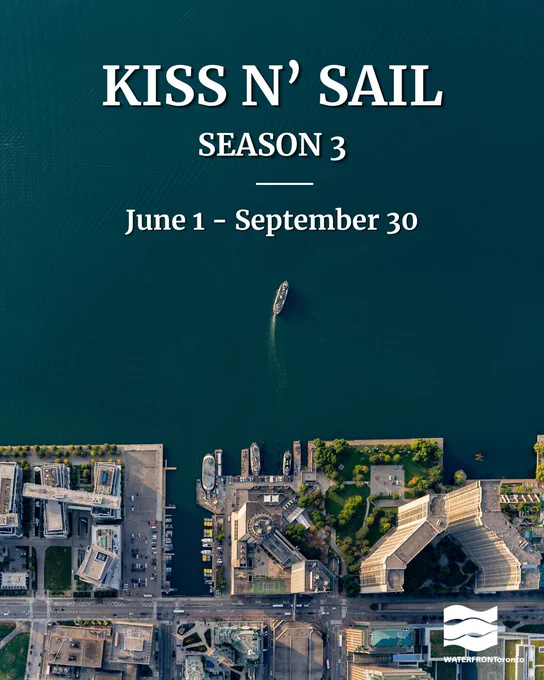 Aerial view of a waterfront with buildings and a boat on the water. Text reads: "Kiss N’ Sail, Season 3, June 1 - September 30." The Waterfront Toronto logo is visible in the corner.