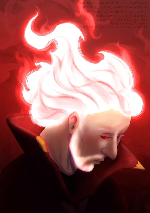 A digital painting of Tango. His bright white flaming hair glows around him as he looks downwards. The brim of his cape covers a part of his face, lit by his fire beard. He has human ears. There is galactic standard text above him.