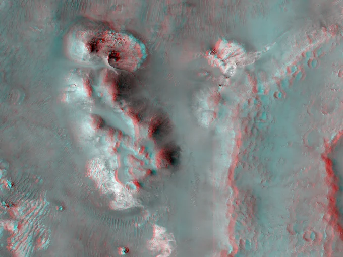 3D image shows a very stratified high-standing exposure of bedrock on the surface of Mars. 