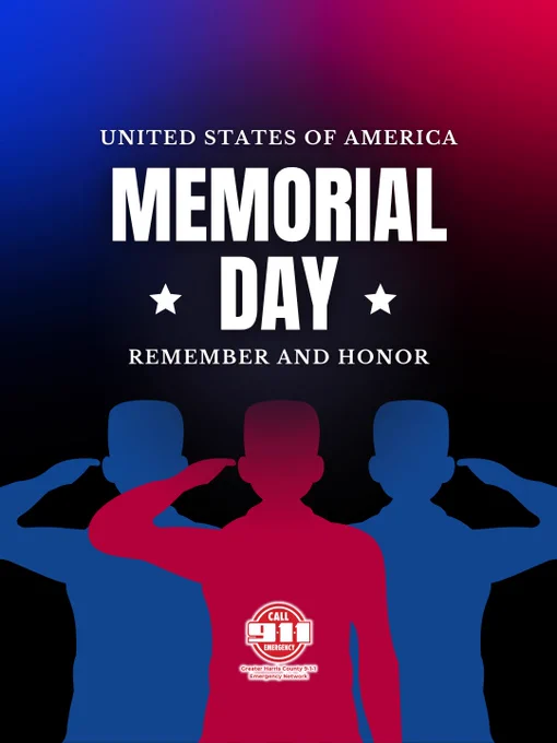 Silhouettes of three saluting soldiers against a red, white, and blue gradient background with Memorial Day text honoring U.S. military service.