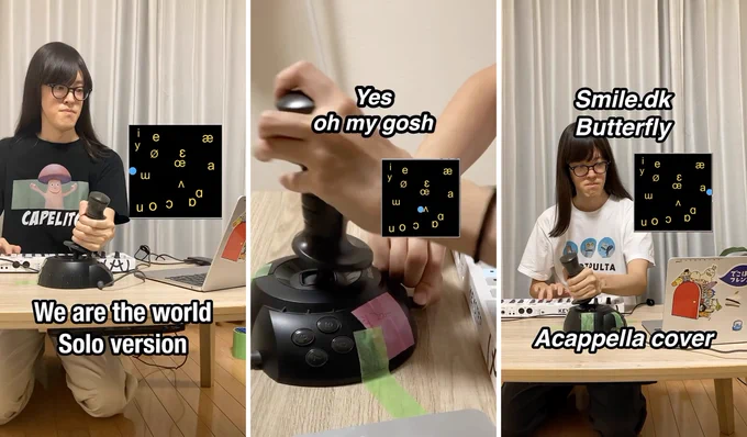 Stills from YouTube shorts: "We are the world solo version" / "yes oh my gosh" "smile.dk butterfly" all with Piaman wearing various t-shirts and playing an Arturia keyboard and joystick with a display of different vowel indications in a square and a puck navigating them