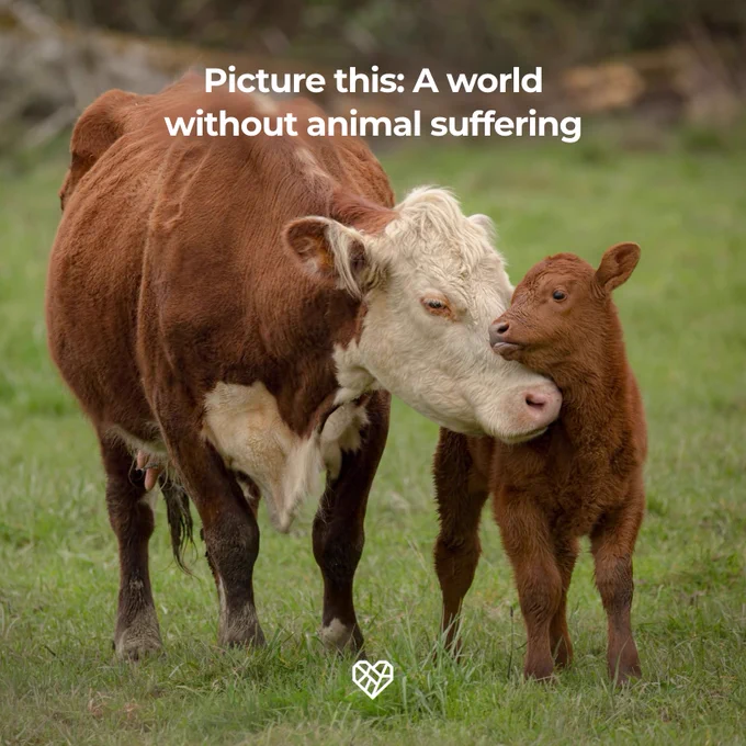 A cow and a calf standing together on a grassy field, with text above reading, "Picture this: A world without animal suffering." A heart-shaped logo is at the bottom.