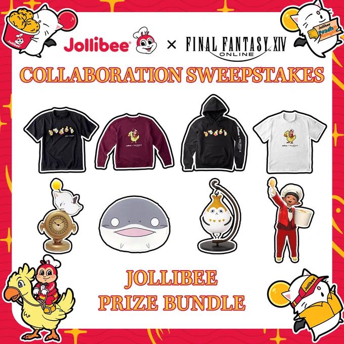 A banner for the Jollibee and Final Fantasy 14 Online Collaboration Sweepstakes. Below are eight prizes consisting of Jollibee x FFXIV apparel, Taito goods, and an eat-chicken in-game emote. Text at the bottom reads Jollibee prize bundle.