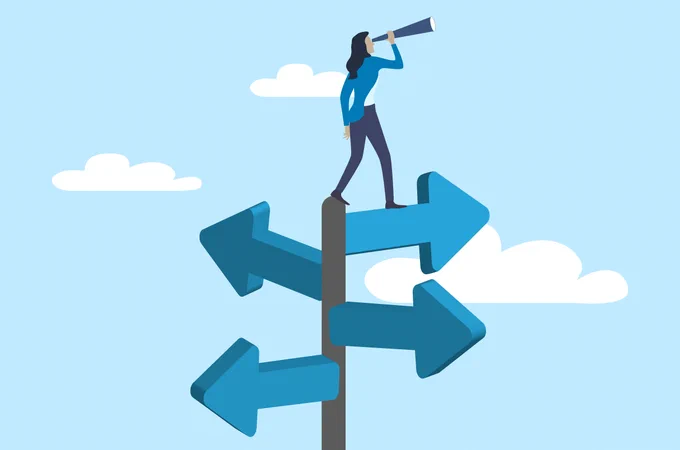 A person stands atop a tall directional signpost with arrows pointing in multiple directions. They are looking through a telescope, surrounded by a blue sky and white clouds.