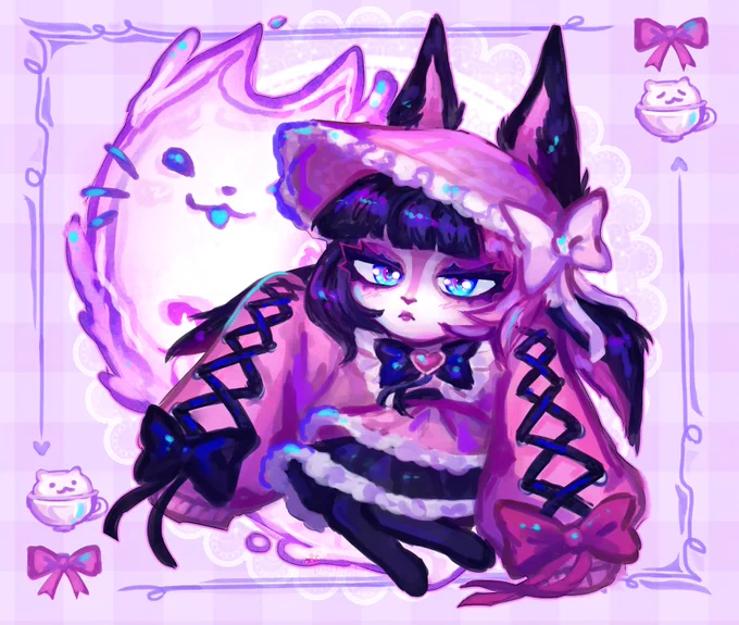 A full-body illustration of cafe cuties vex with her shadow. The background is pastel purple and has various cute elements, like a lace napkin, foam cats in cups and pink ribbons. Vex is in the middle, looking unimpressed. She has black and pink her, same with her outfit. It looks to be lolita inspired and she is even wearing a pink bonnett. Her huge sleeves sport two big bows - black on the left side and pink on the right side. The sleeved are also laced up. Behind Vex is her shadow, this time white/pink/purpke with a cute cat face.