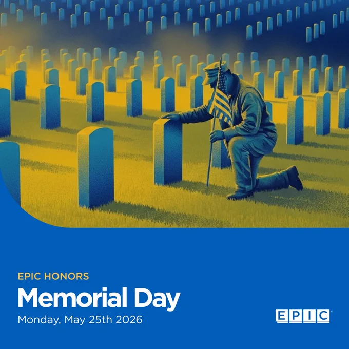 An individual kneels beside a grave at a cemetery adorned with American flags and headstones, under the text 'EPIC Honors Memorial Day, Monday, May 26.'