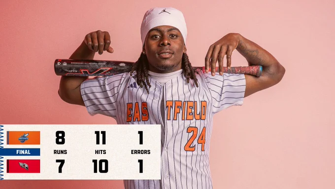 Dallas College Eastfield baseball player Jayden Boyd flexes a bat behind his neck. Boyd had a walk-off RBI single in the ninth inning Monday morning to send the Harvester Bees on to the NJCAA Division III national semifinals. 
