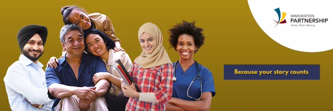 A group of smiling individuals from diverse backgrounds gathered together. The Immigration Partnership logo and text "Because your story counts" are displayed on the right.