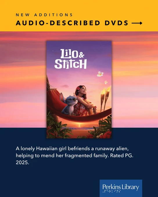 DVD cover: Lilo & Stitch
Text: A lonely Hawaiian girl befriends a runaway alien, helping to mend her fragmented family. Rated PG. 2025.