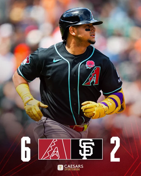 Diamondbacks (logo) - 6
Giants (logo) - 2

The graphic features an image of Gabriel Moreno rounding the bases after hitting a home run. He is wearing a black Diamondbacks jersey, white baseball pants, and a black batting helmet.

Caesars Sportsbook (logo)