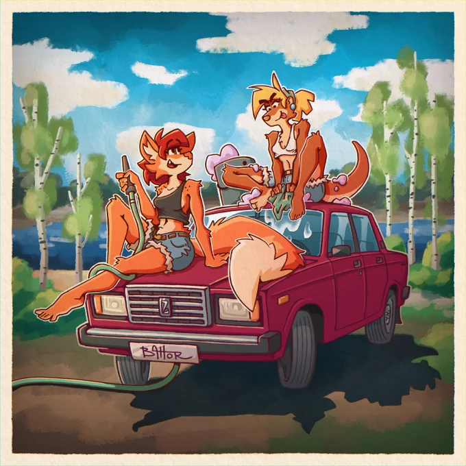 A colorful digital drawing of Agatha the fox and Rita the otter having fun washing a red Lada Riva 21-07 by a river. Agatha sits on the hood holding a hose, while Rita pours soapy water from the roof.