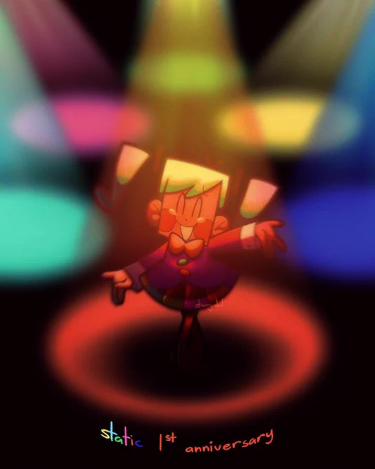 Illustration of Hatsune Miku, as portrayed in "Static" by FLAVOR FOLEY. She is standing in the center of a dark stage, smiling yet crying. She is standing under a red spot light, with five other empty spot lights in cyan, blue, pink, yellow, and green behind her. At the bottom of the image is handwritten text reading "static 1st anniversary".