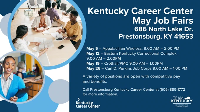 This image is a flyer for the Kentucky Career Center's May Job Fairs held at 686 North Lake Dr., Prestonsburg, KY 41653. The dates and locations are: May 5 - Appalachian Wireless, May 12 - Eastern Kentucky Correctional Complex, May 19 - Crothall/PMC, and May 26 - Carl D. Perkins Job Corps. The fairs are from 9:00 AM to either 1:00 PM or 2:00 PM. There are images of professionals and contact information for more details by calling (606) 889- 1772. The flyer includes the logos for the Kentucky Career Center and Team Kentucky.